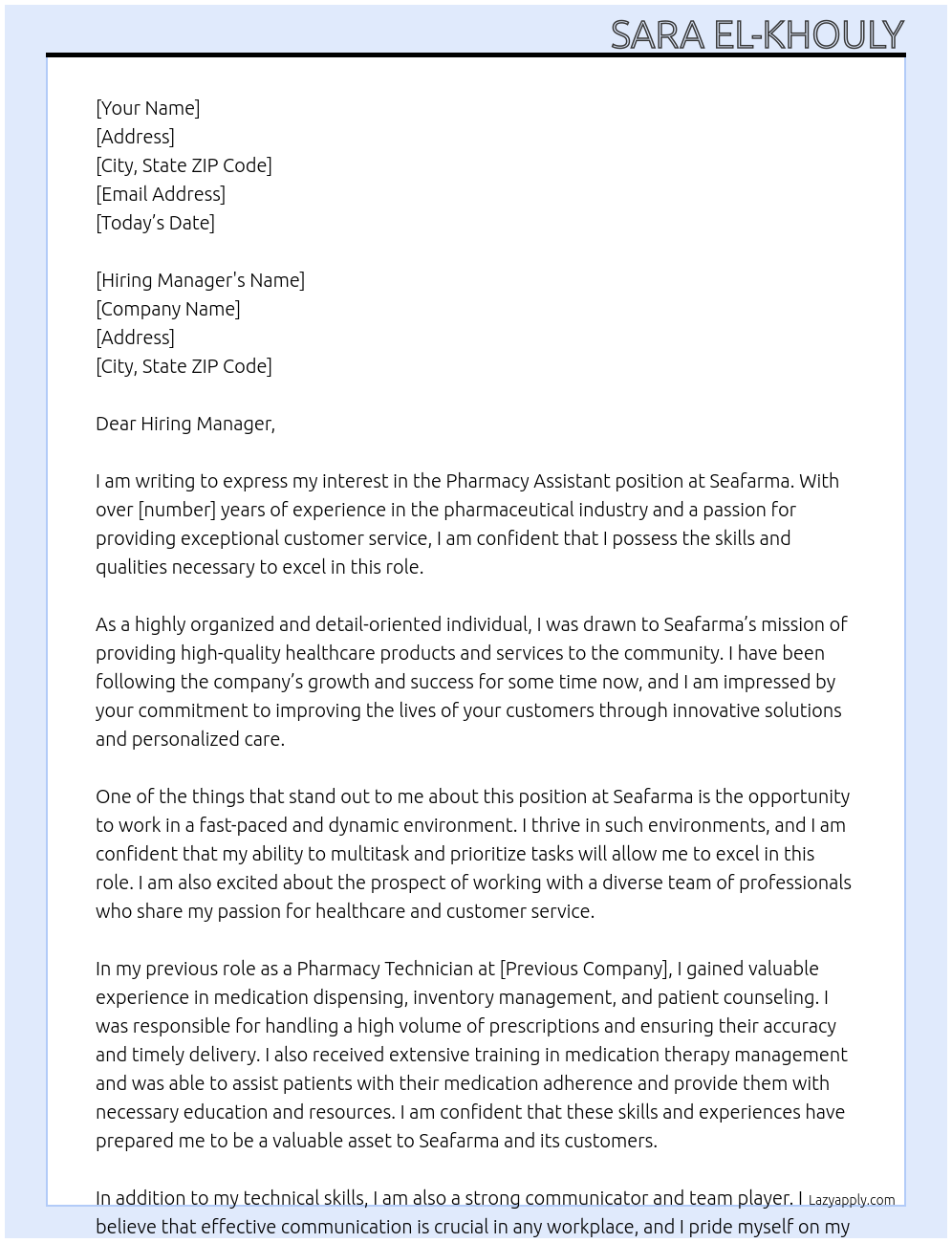 pharmacy assistant At seafarma  Cover Letter