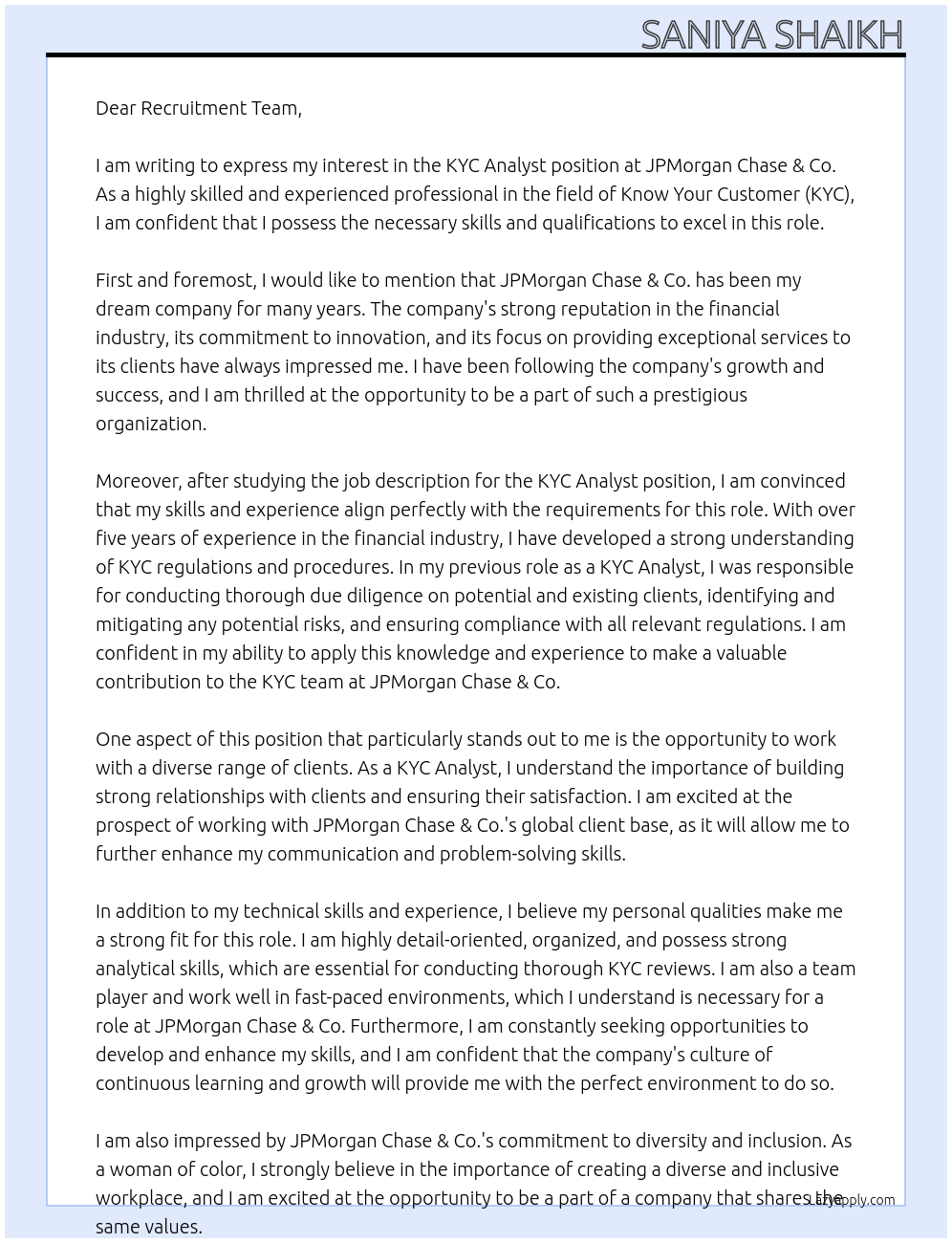 KYC Analyst At JPMorgan Chase & Co. Cover Letter