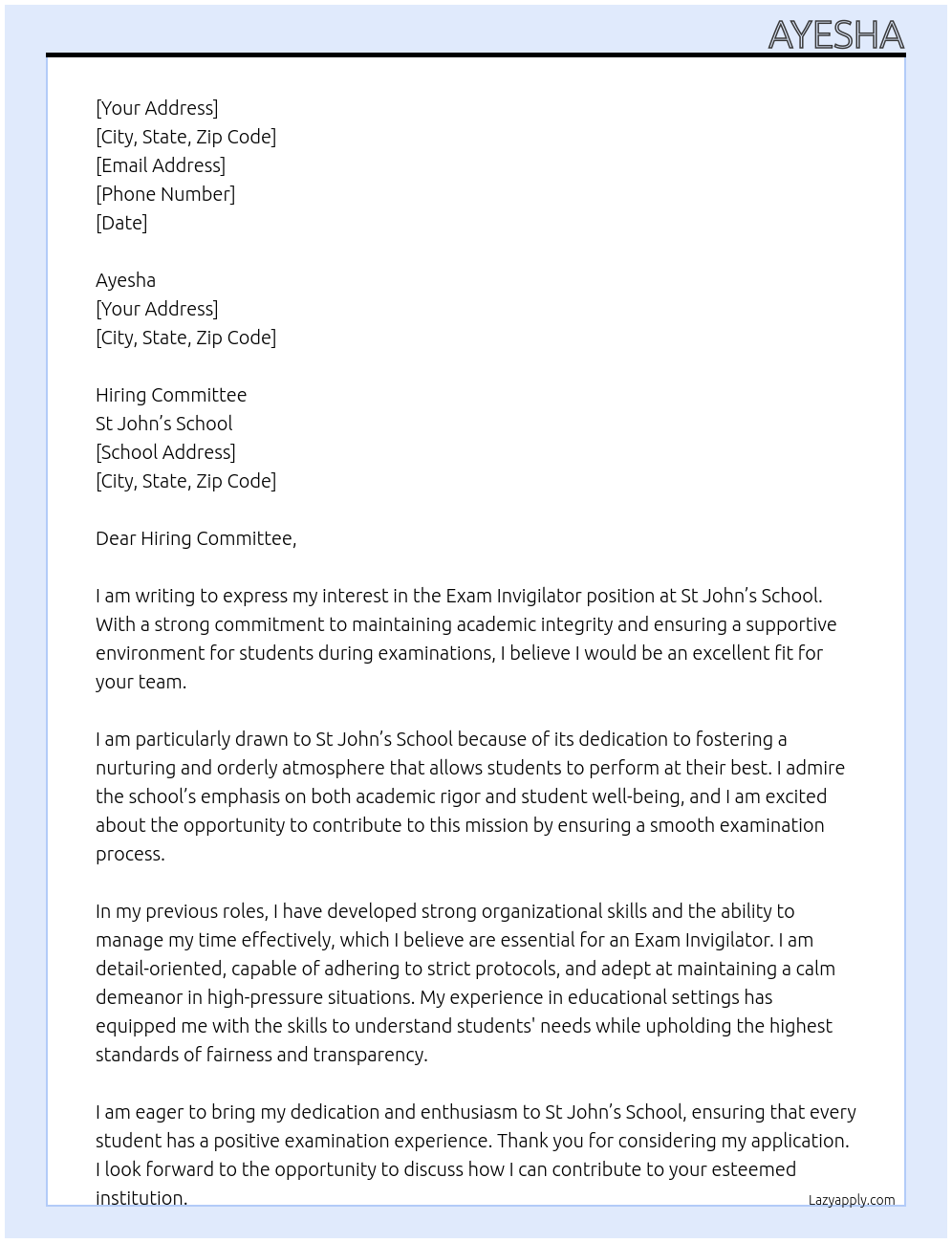 Exam invigilator At St John's school Cover Letter