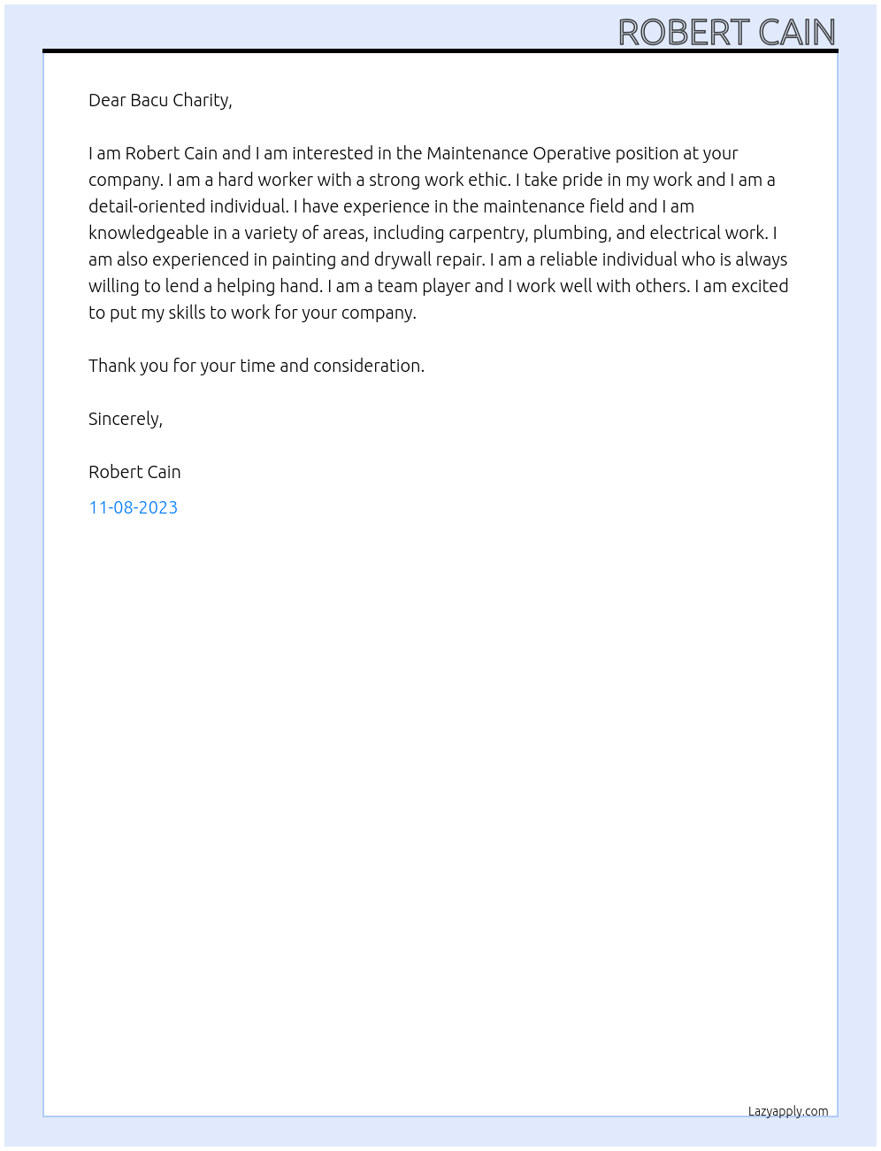 Maintenance operative At Bacu Charity Cover Letter