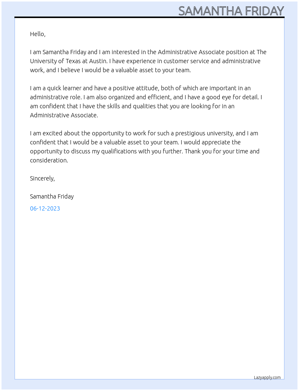 Administrative Associate At The University of Texas at Austin Cover Letter