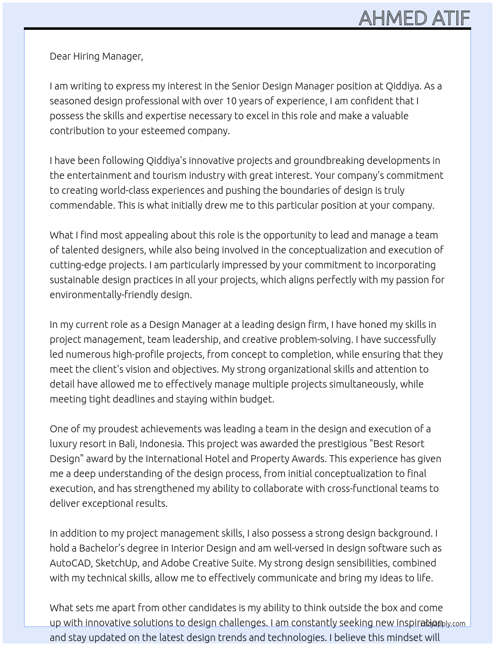 Senior Design Manager At Qiddiya Cover Letter