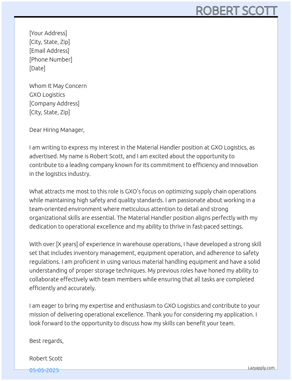 Material Handler At GXO Logistics Cover Letter