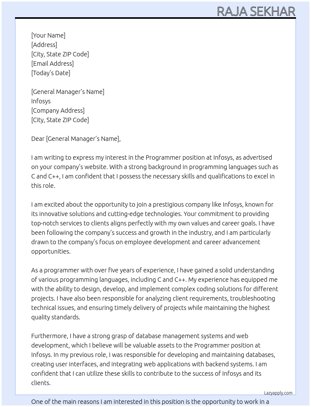 Programmer At Infosys  Cover Letter