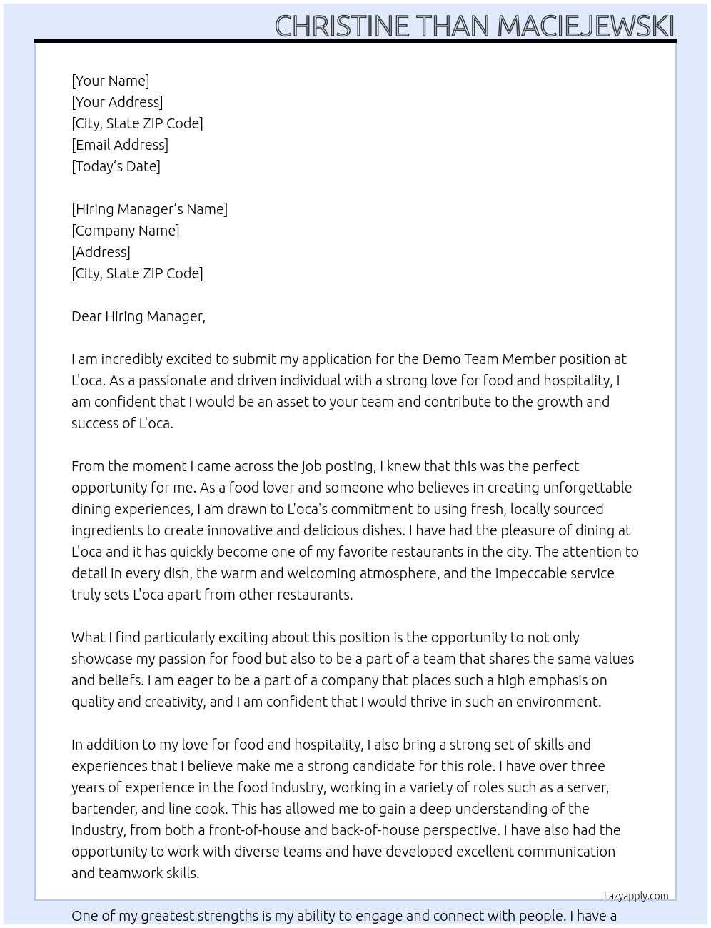 Cover letter for demo team member - LazyApply