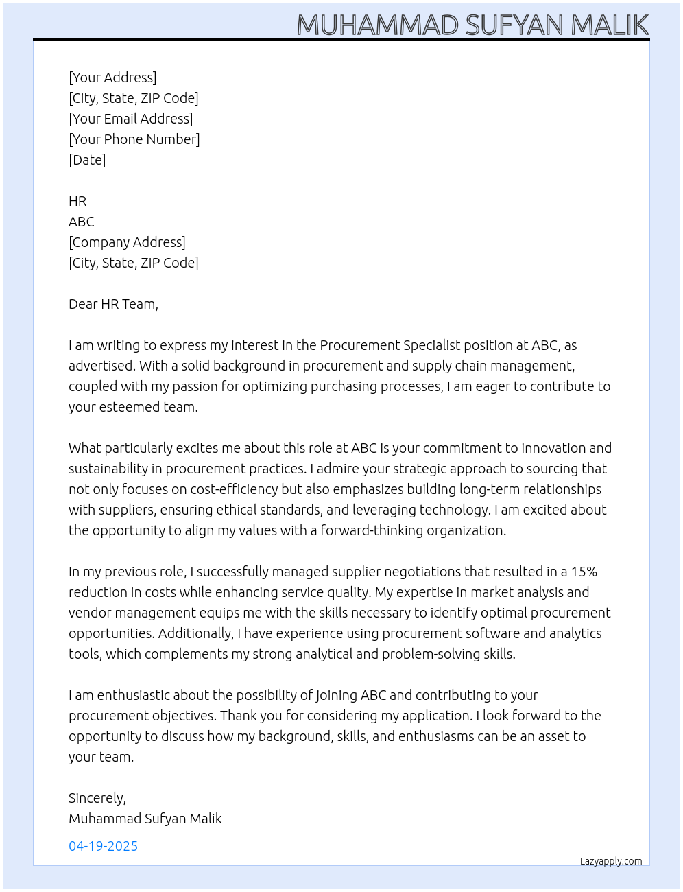 Cover letter for procurement specialist - LazyApply