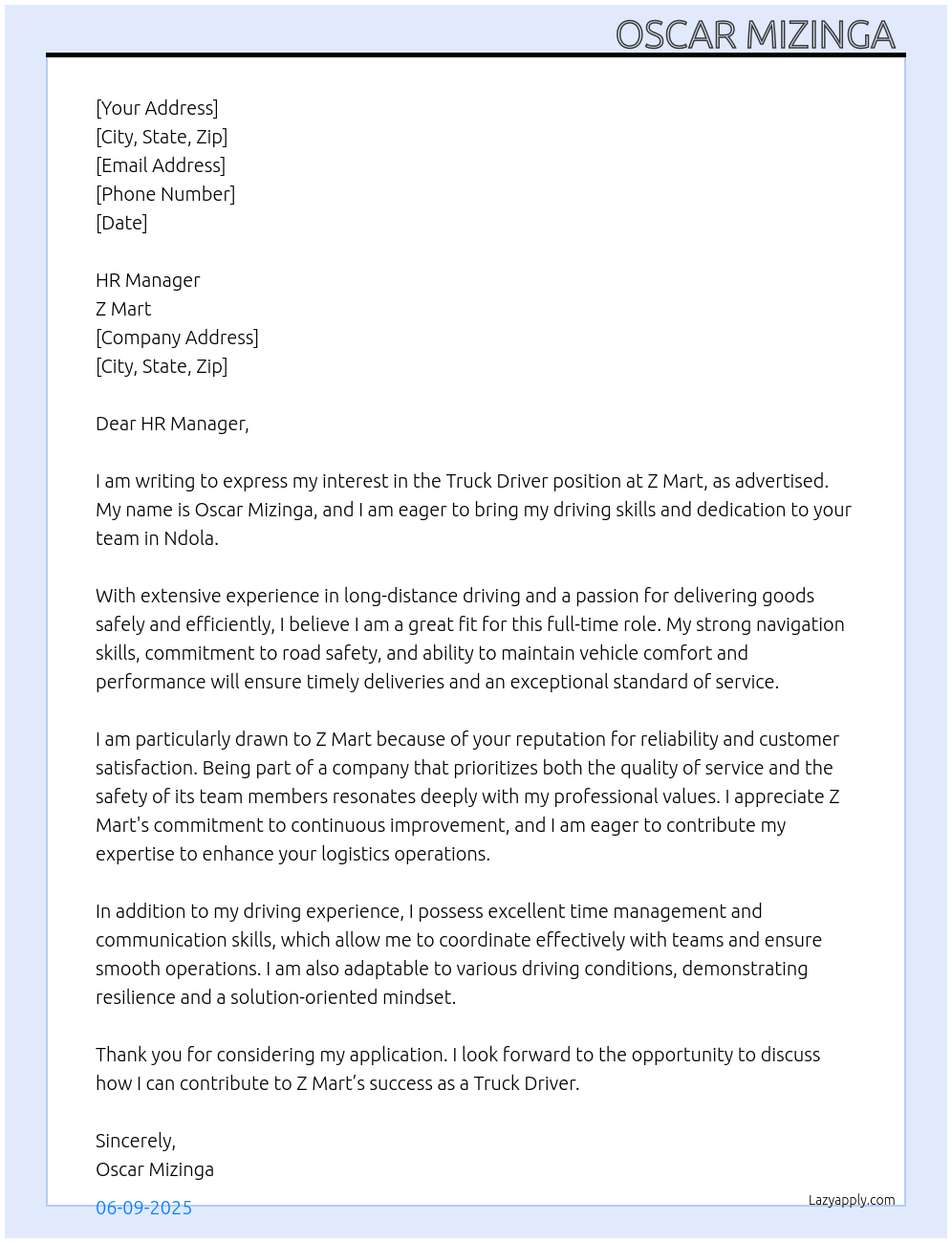 Truck driver At Z mart Cover Letter