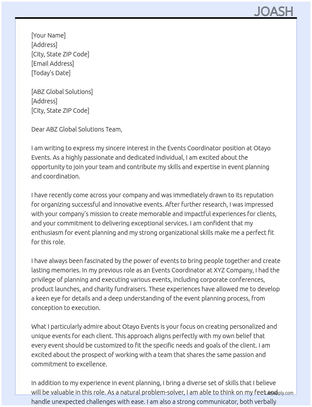 Events coordinator At Otayo Events Cover Letter