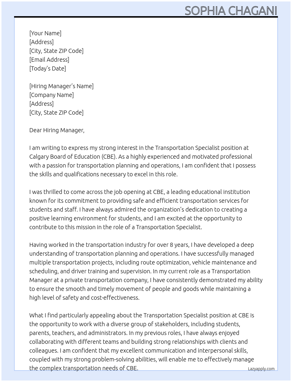 Transportation Specialist  At Calgary Board of Education (CBE) Cover Letter