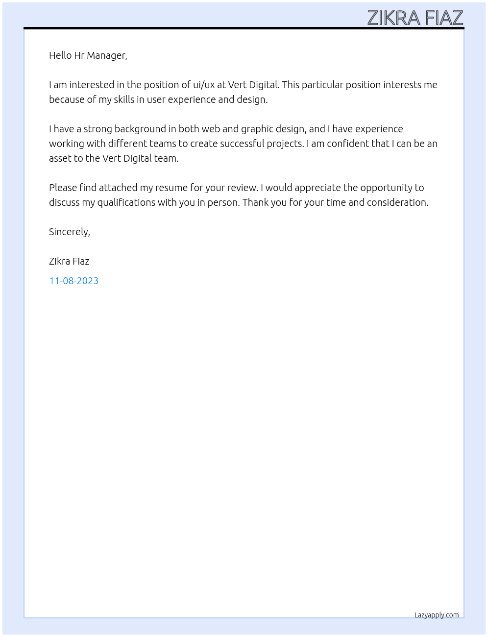 ui/ux At Vert Digital Cover Letter