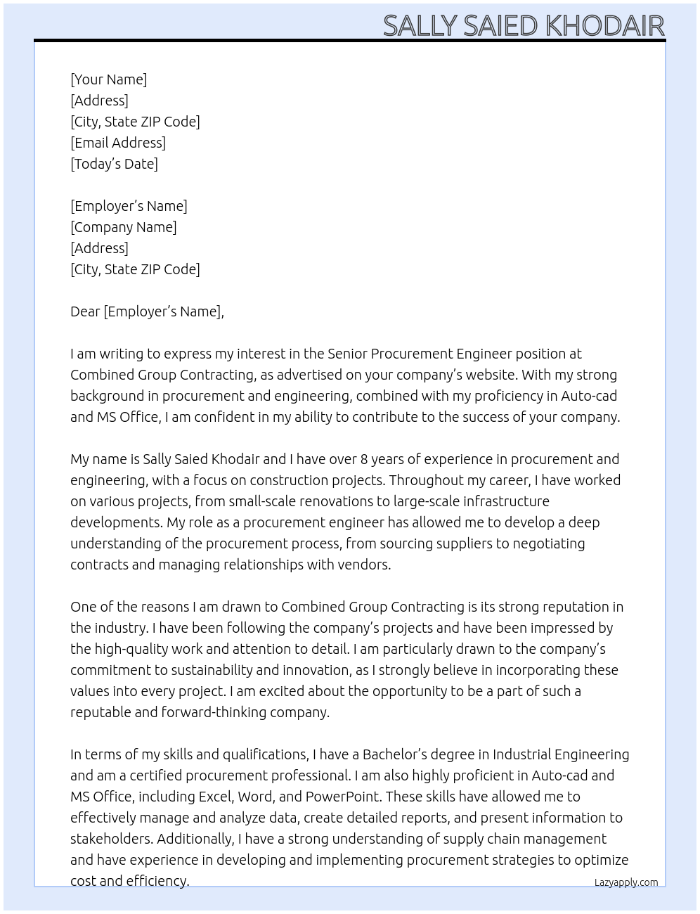 Senior procurement engineer  At Combined Group Contracting Cover Letter