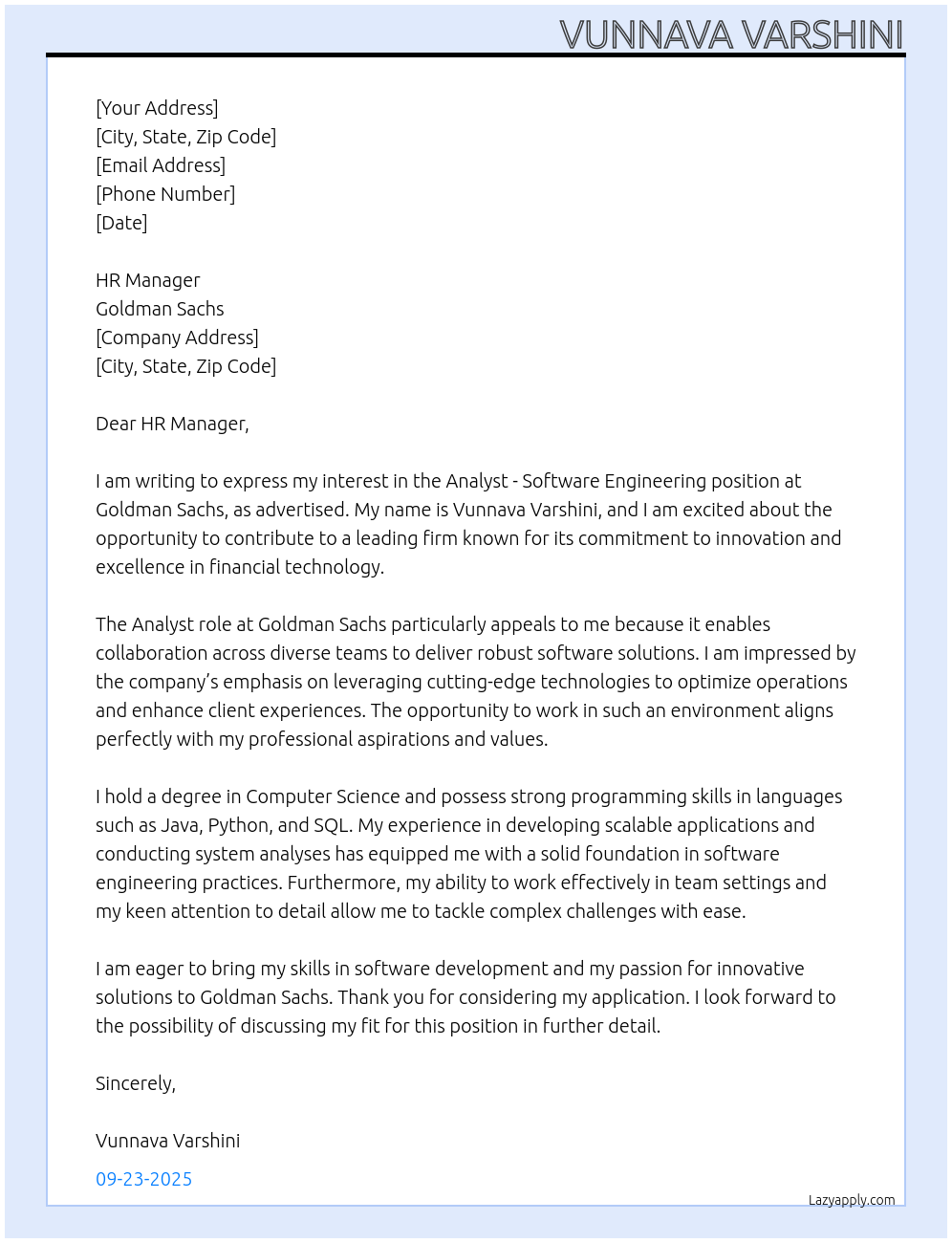 Analyst-Software Engineering At Goldman Sachs Cover Letter