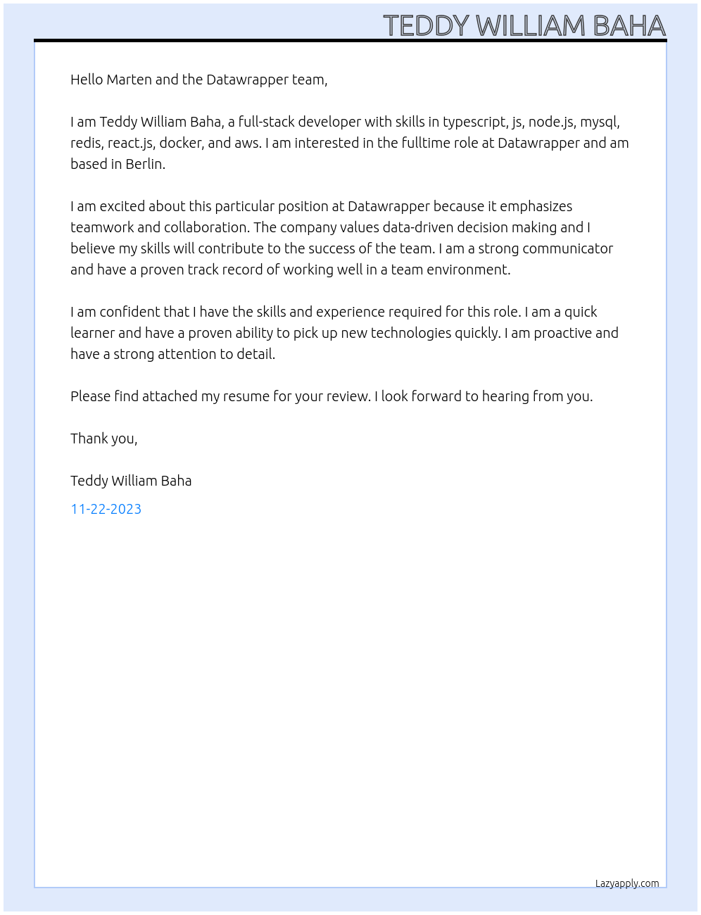 Full-stack developer At Datawrapper Cover Letter