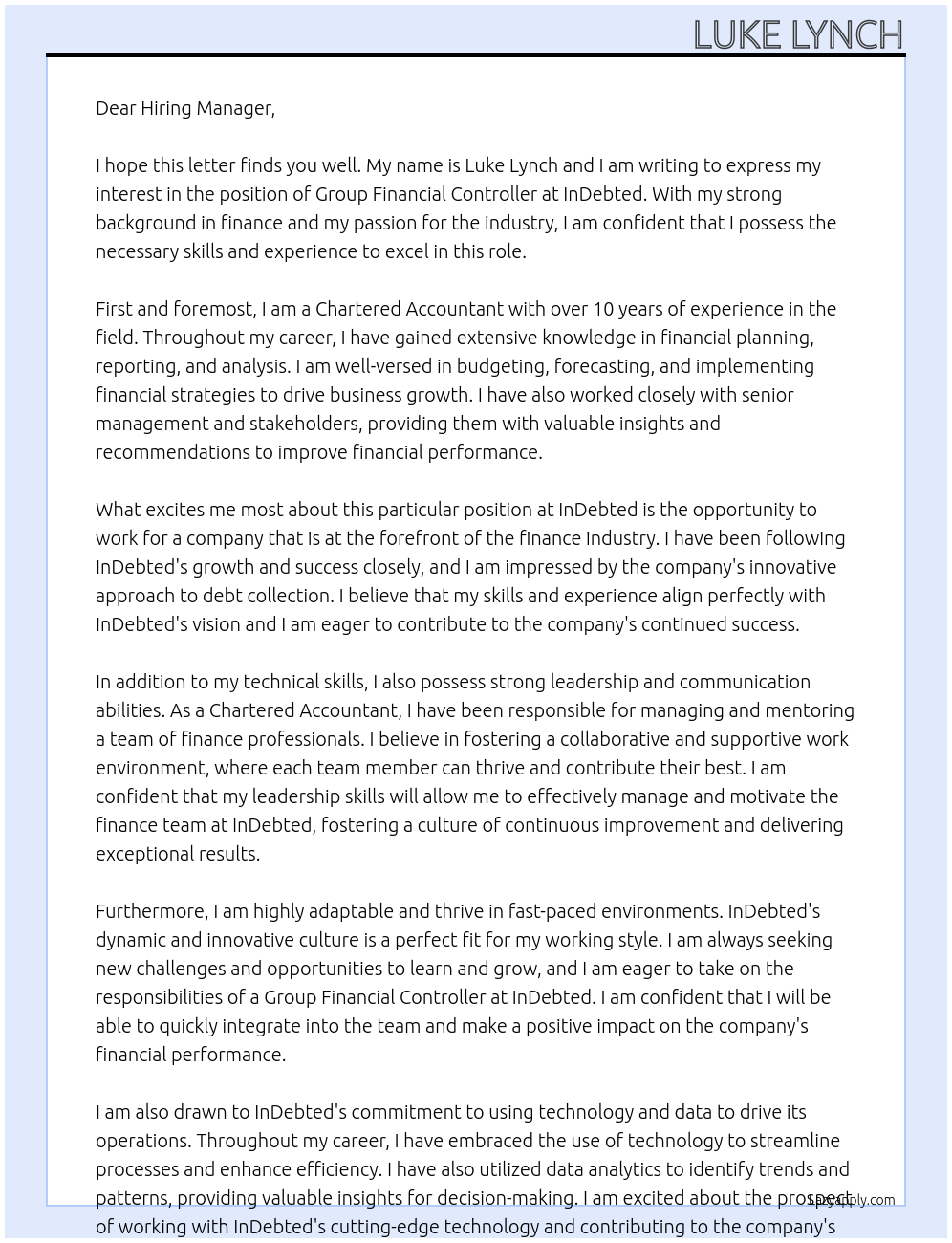 Group Financial Controller At InDebted Cover Letter