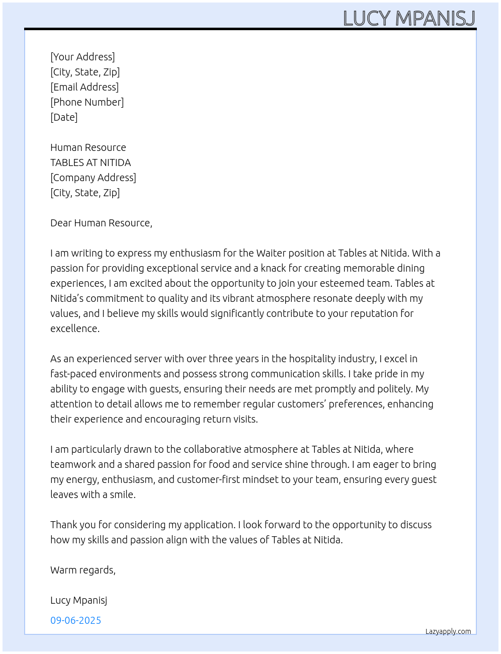 Waiter At TABLES AT NITIDA Cover Letter