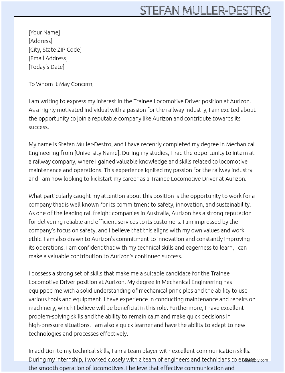 Trainee Locomotive Driver At Aurizon Cover Letter