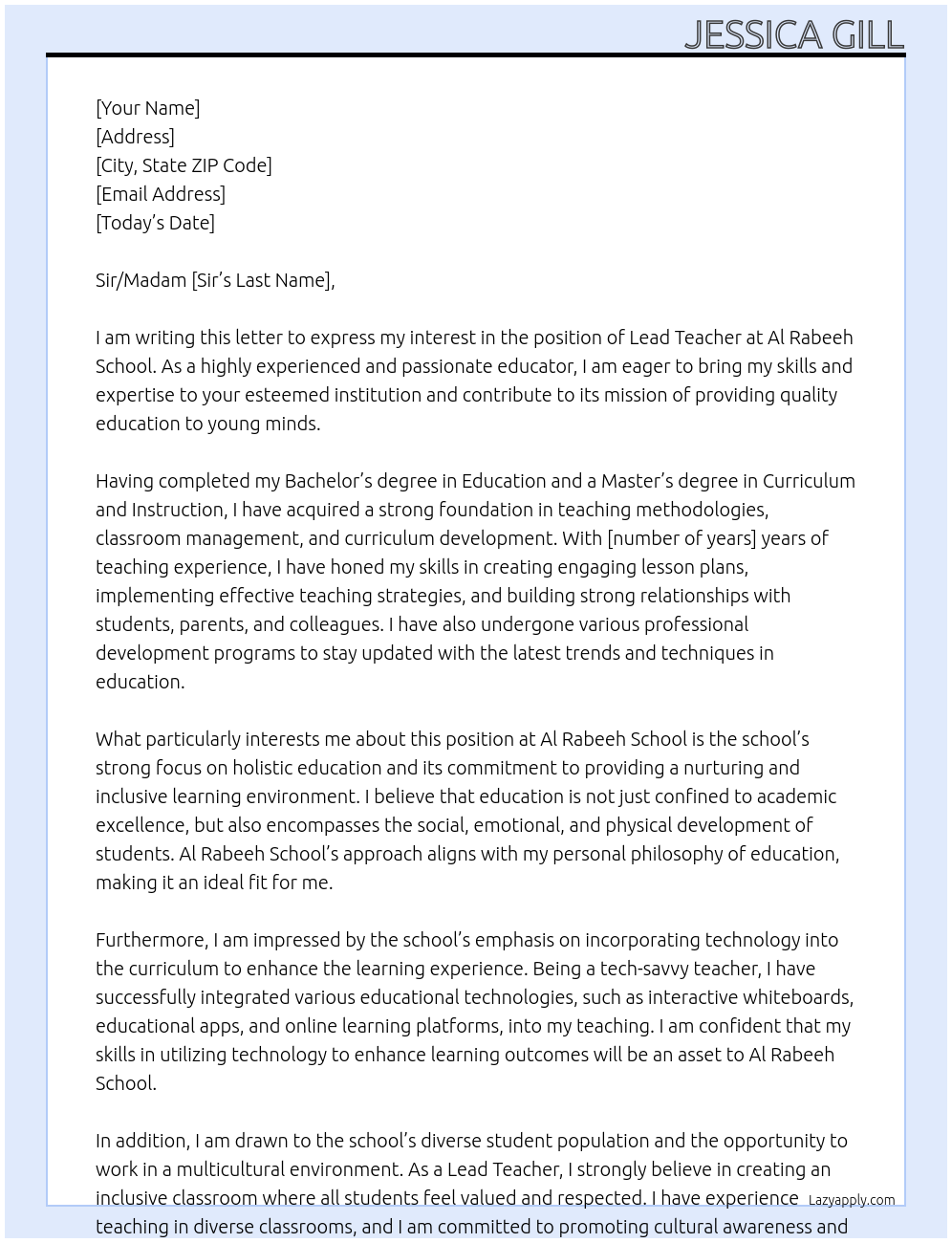 Lead Teacher At Al Rabeeh School Cover Letter