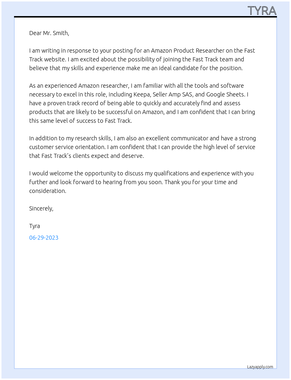 AMAZON PRODUCT RESEARCHER At Fast Track Cover Letter