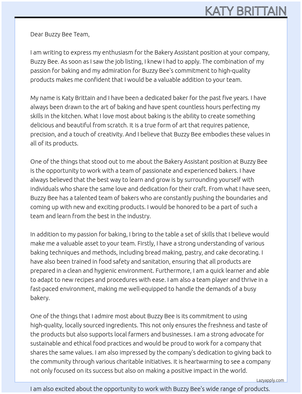 Bakery assistant At Buzzy Bee Cover Letter