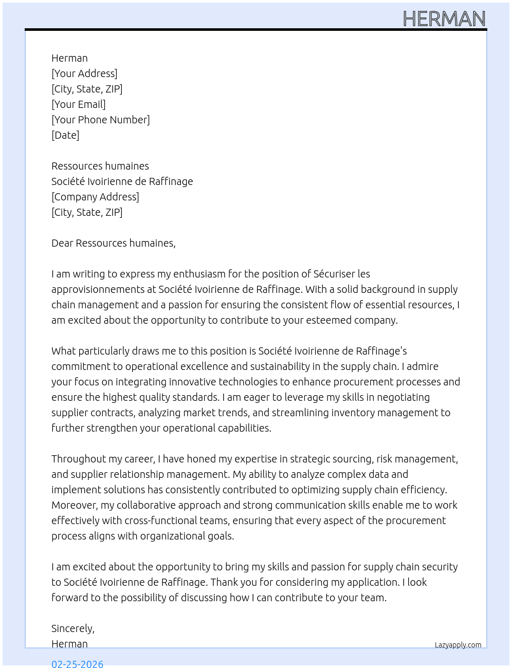 Sécuriser les approvisionnements  At Société Ivoirienne de Raffinage  Cover Letter