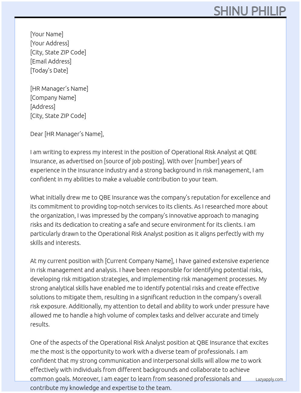 Operational Risk Analyst At QBE Insurance Cover Letter