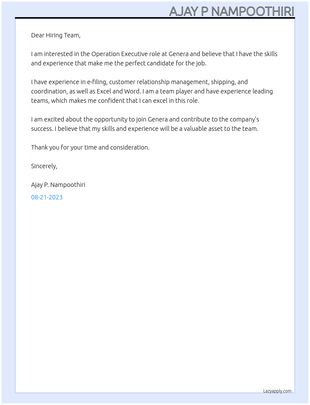 Operation Executive  At Genera Cover Letter