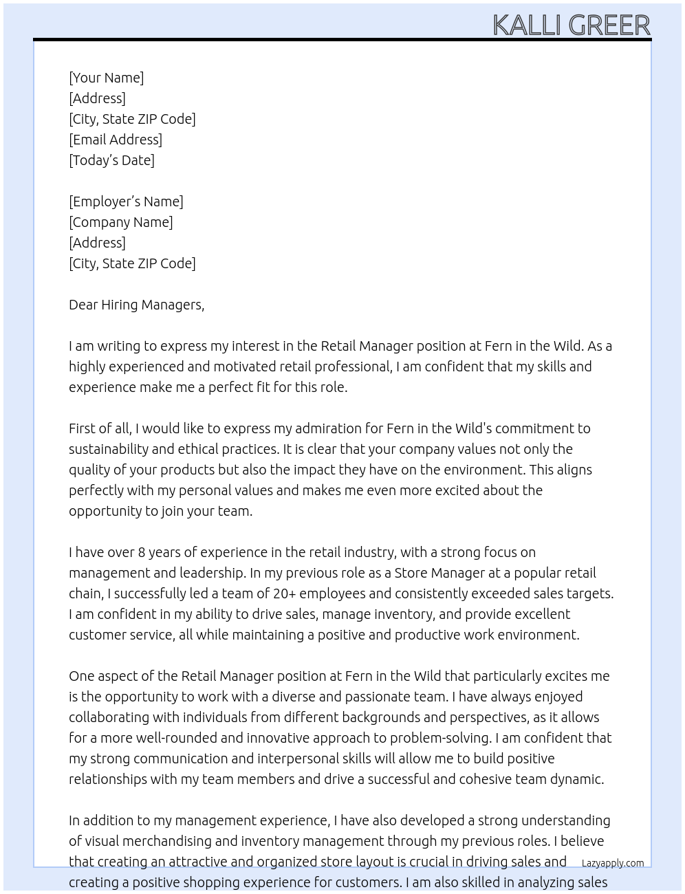 Retail Manager At Fern in the Wild Cover Letter