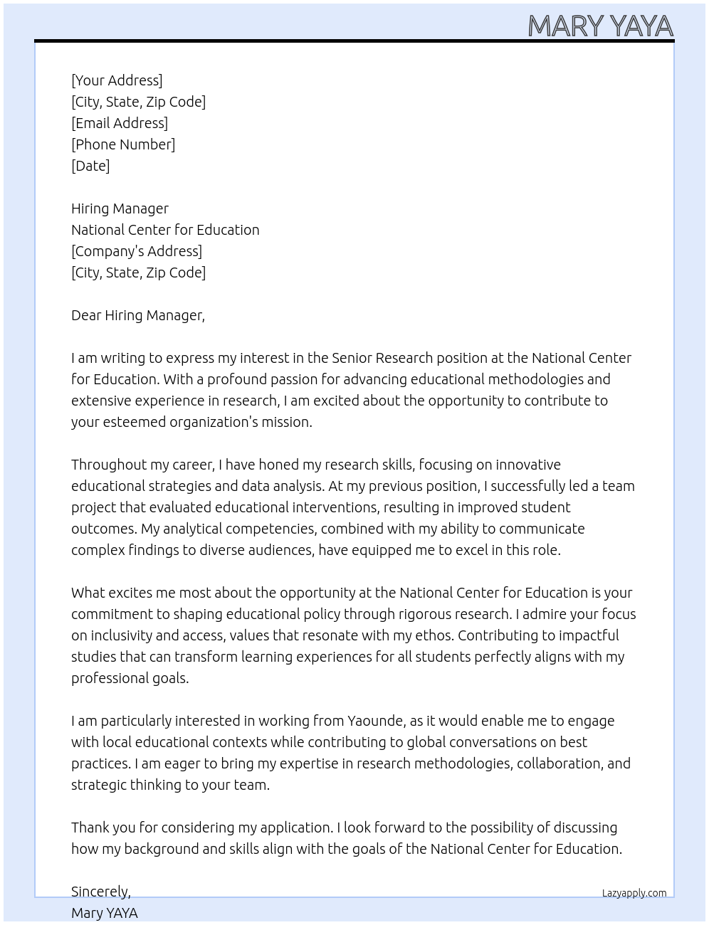 Research At National Center for Education Cover Letter