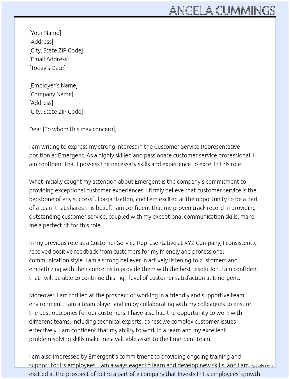 Customer Services Representative  At Emergent Cover Letter