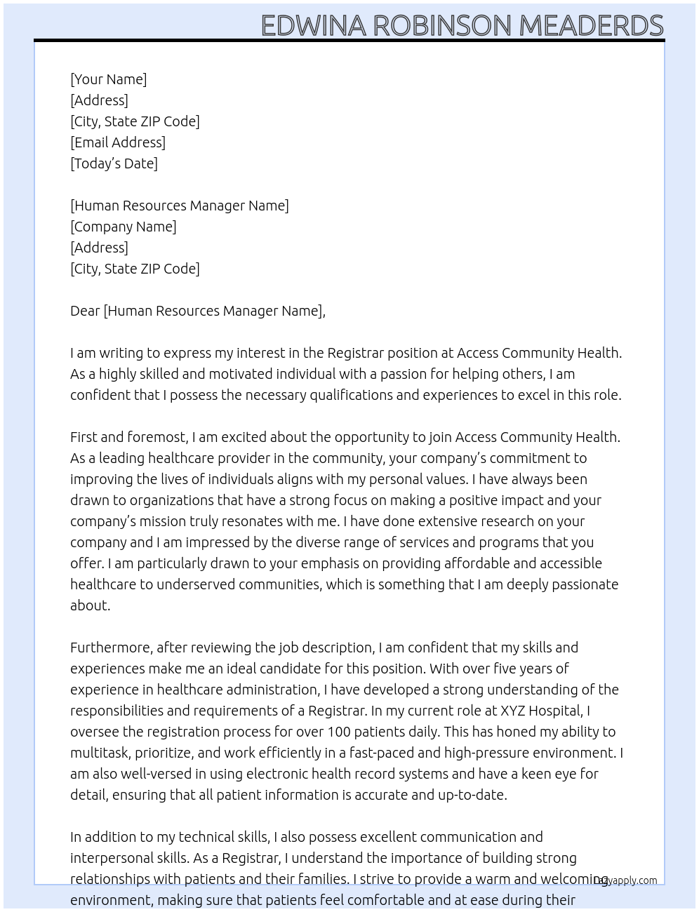 registrar At access community health Cover Letter