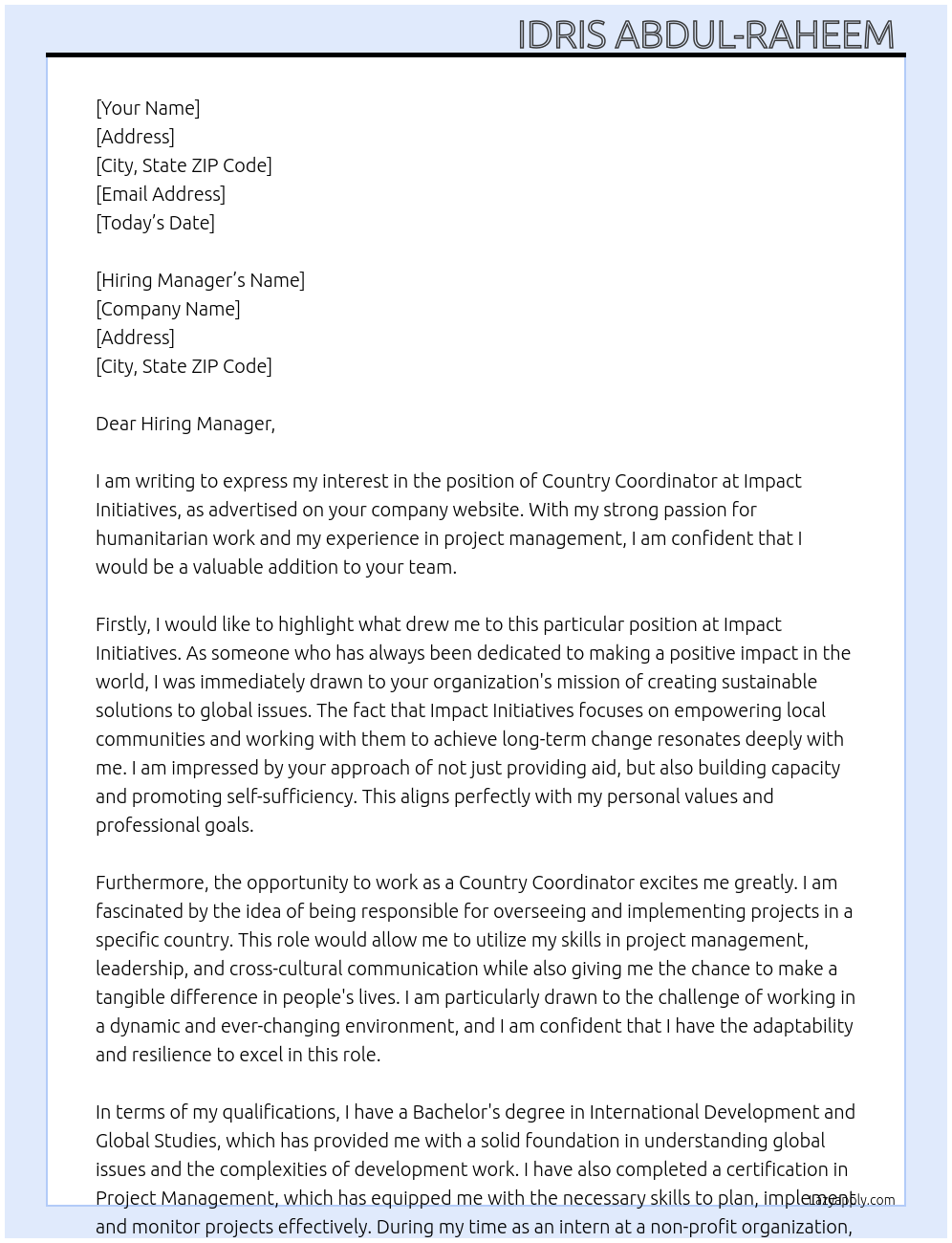 Country Coordinator At Impact initiatives Cover Letter