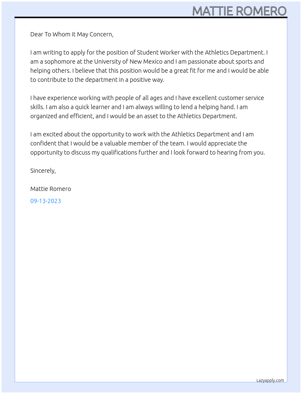 Student Worker At Athletics Department Cover Letter