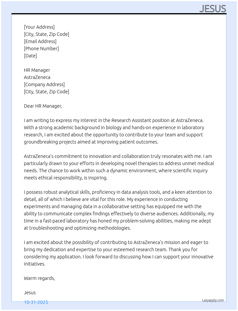 Research assistant  At Aztra Zeneca Cover Letter