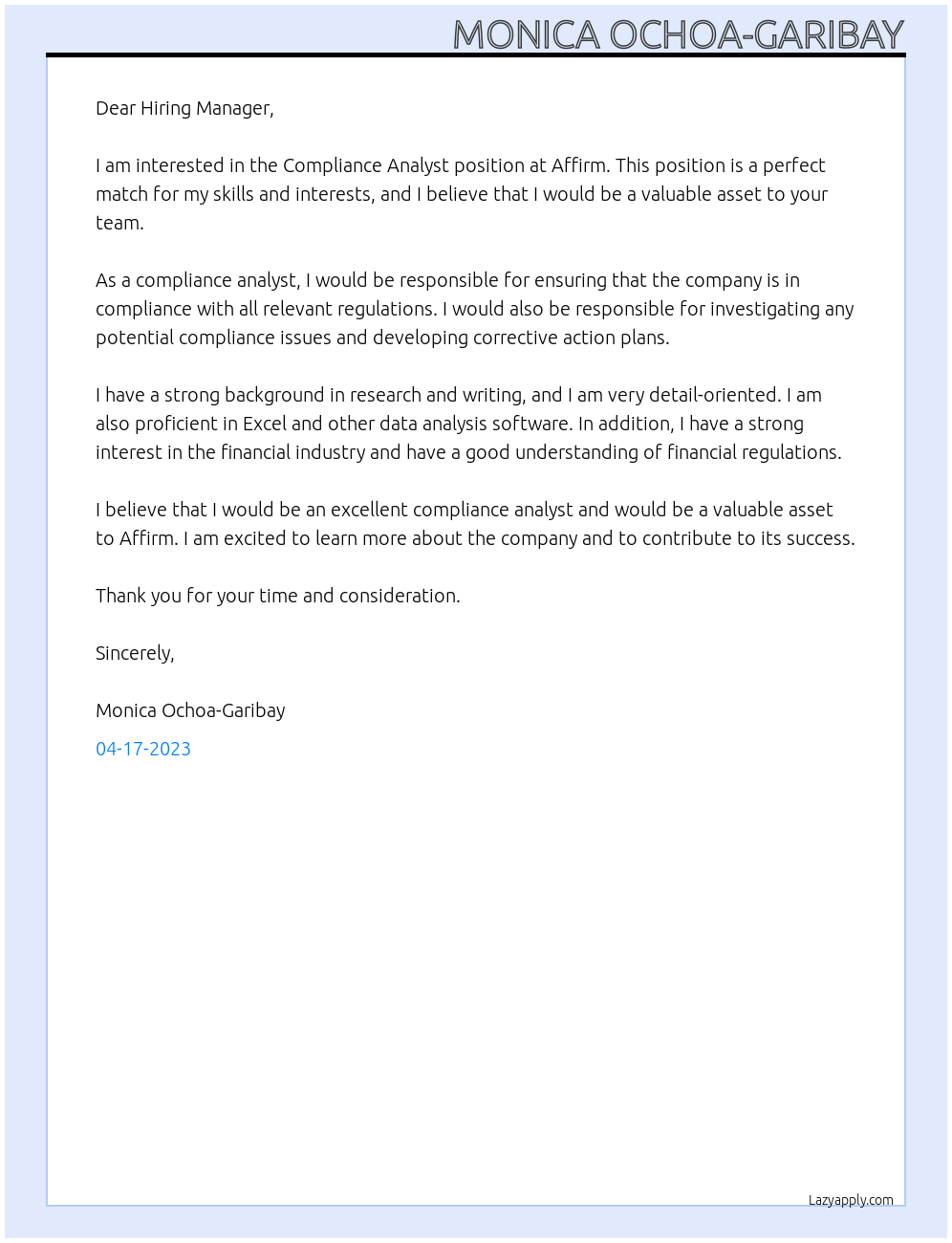 Compliance Analyst At Affirm Cover Letter
