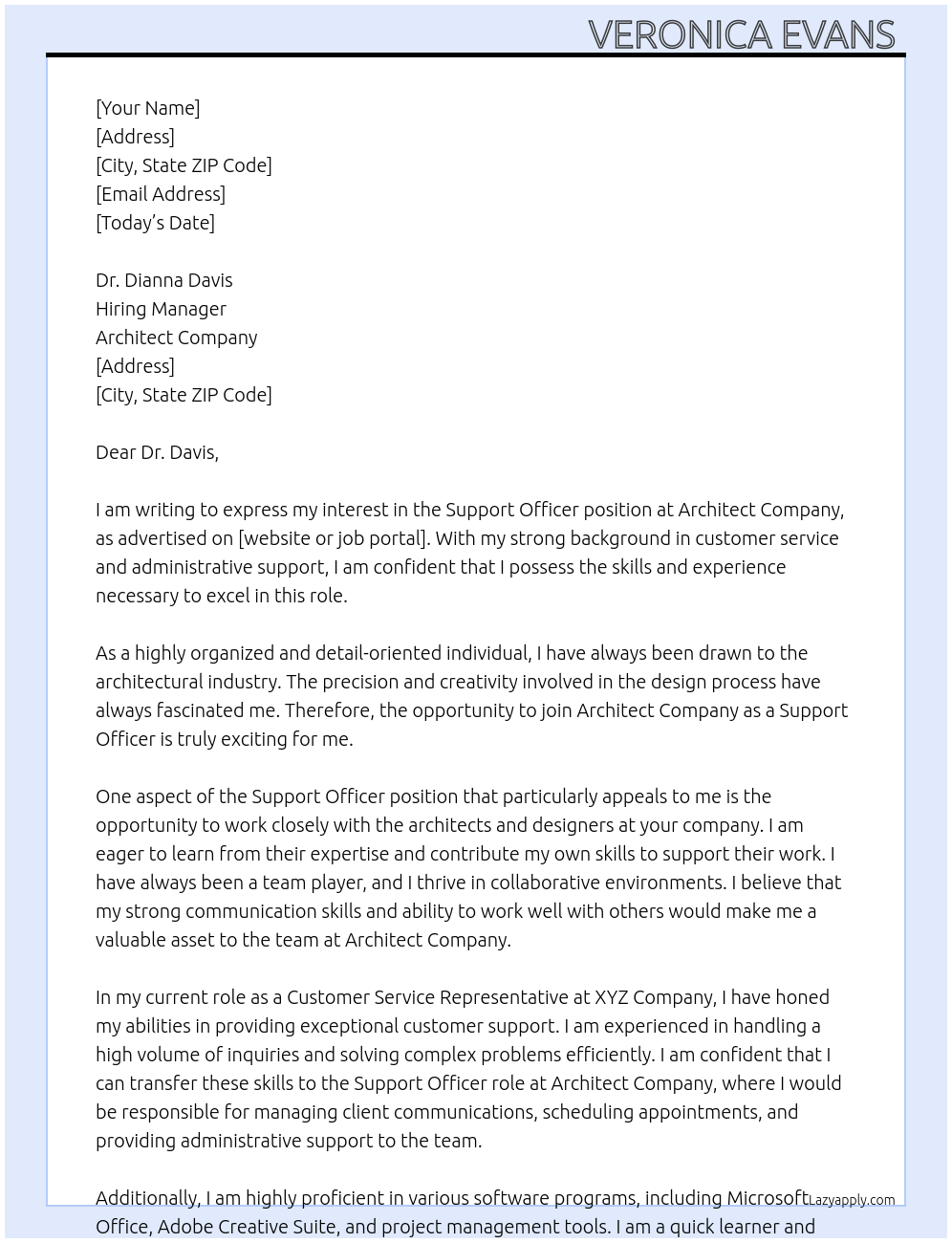 Support Officer At Architect Company  Cover Letter