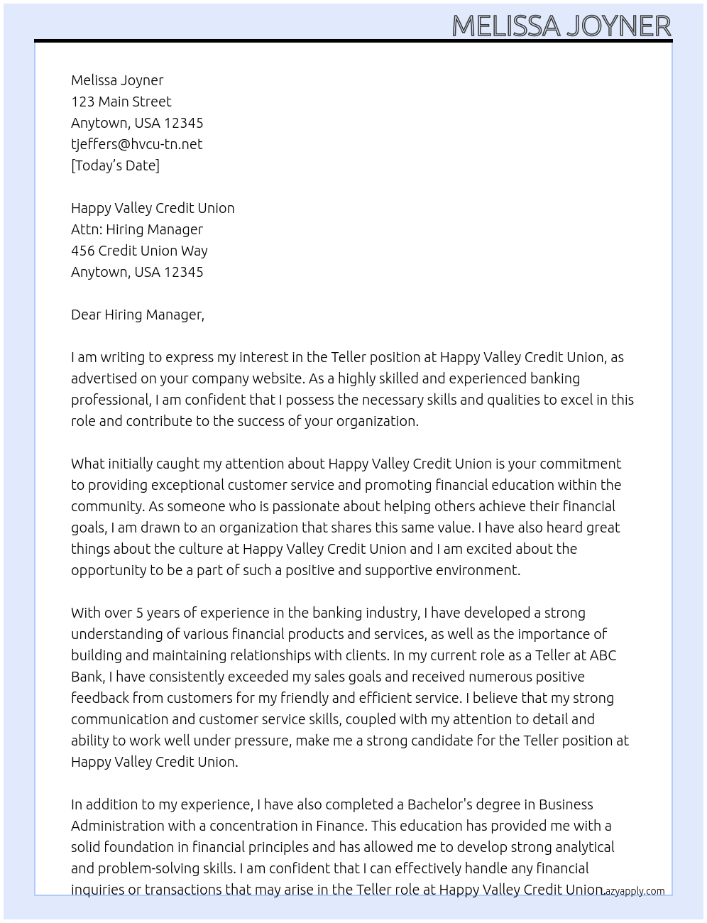 Teller At Happy Valley Credit Union Cover Letter
