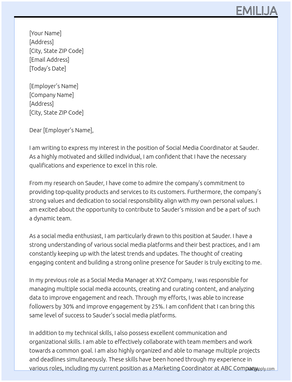 Social Media Coordinator At Sauder Cover Letter