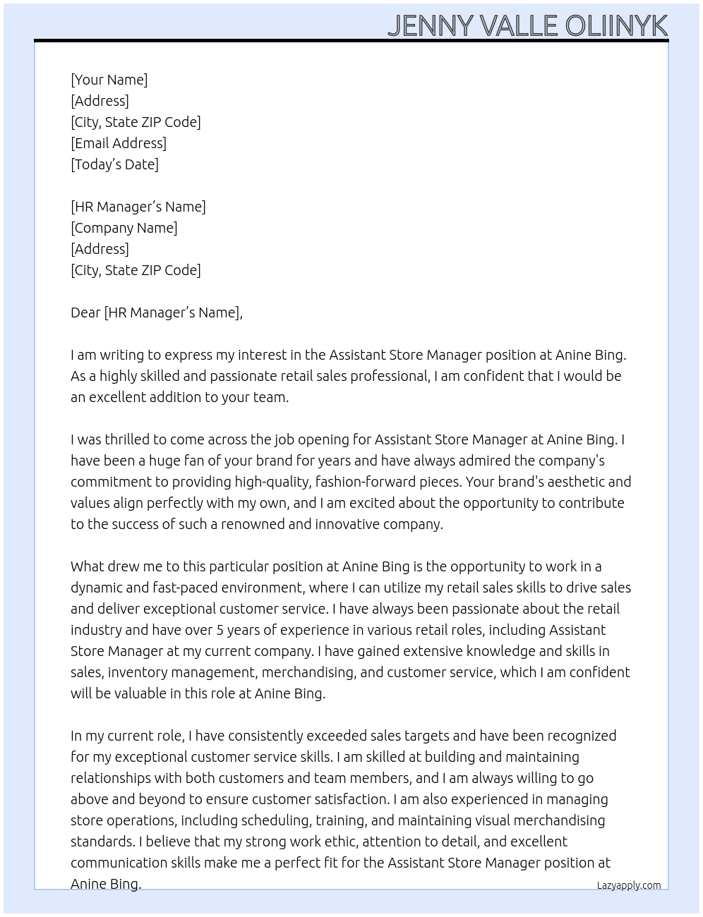 Assistant store manager At Anine Bing Cover Letter