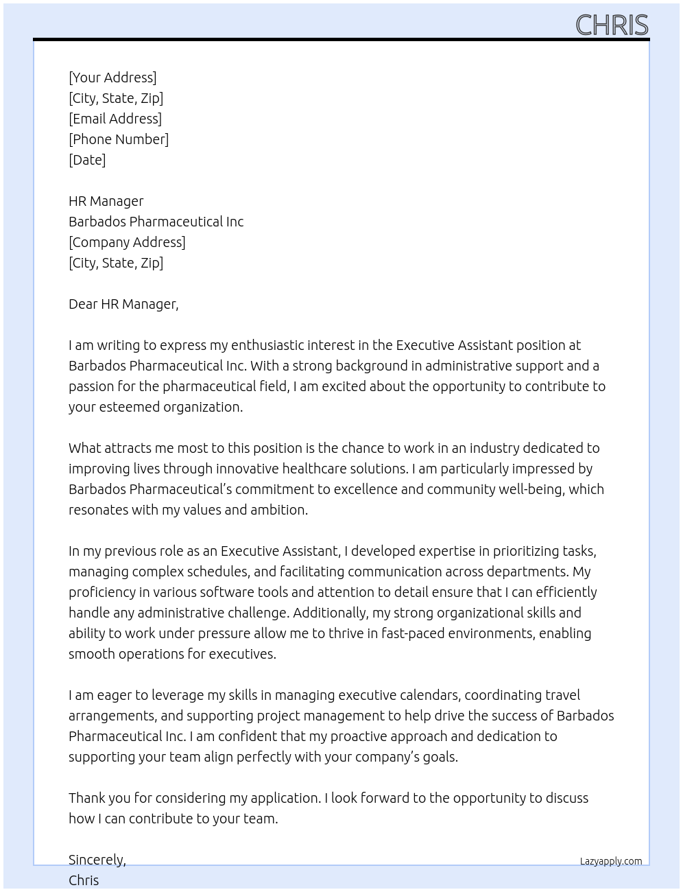 Executive Assistant At Barbados Pharmaceutical Inc Cover Letter