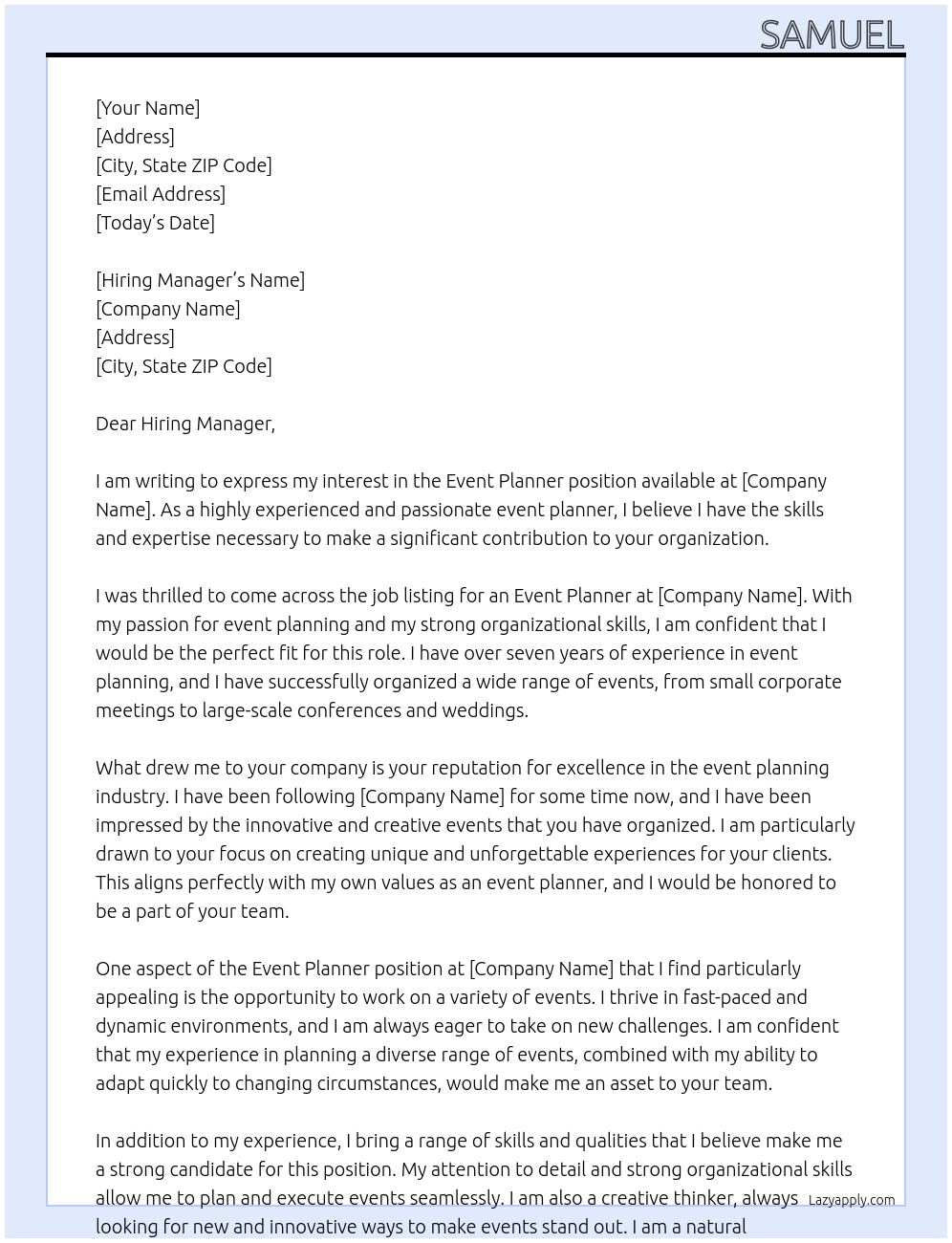 event planner At freelance Cover Letter