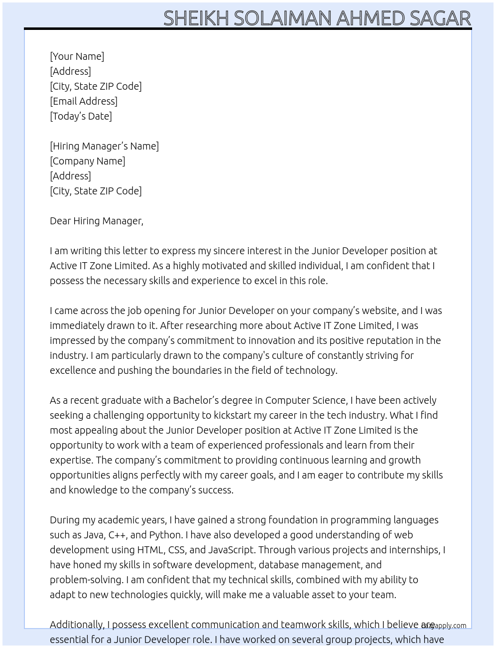 Junior Developer At Active IT Zone Limited Cover Letter