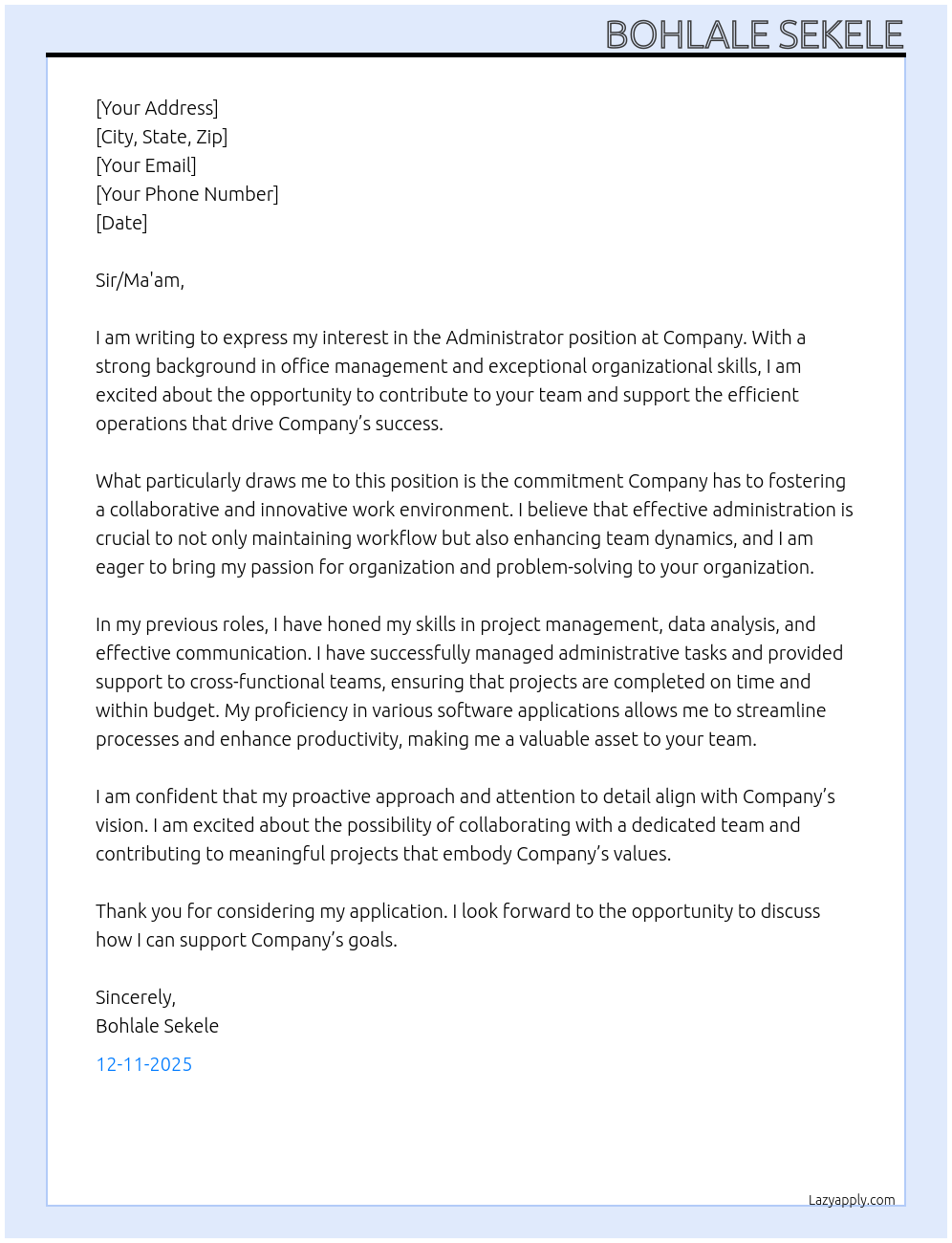 Cover letter for administrator - LazyApply