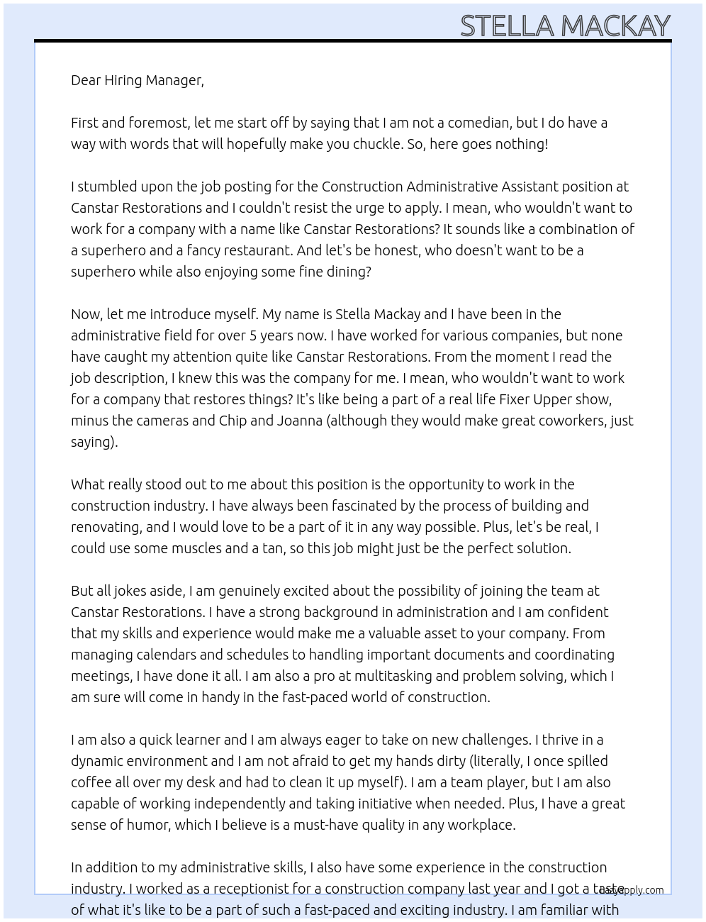 Construction administrative assistant At Canstar Restorations  Cover Letter