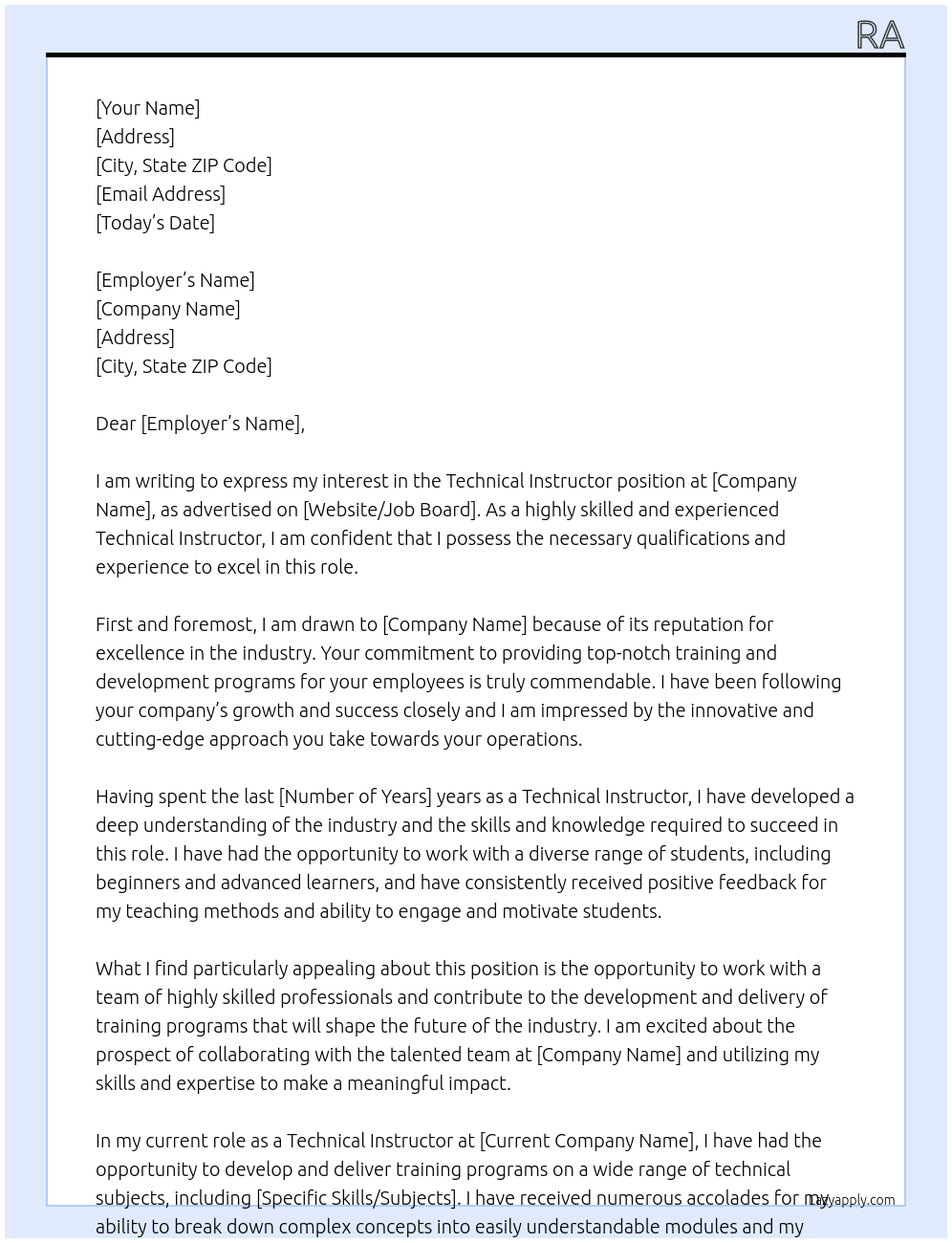 Technical Instructor At Ra Cover Letter