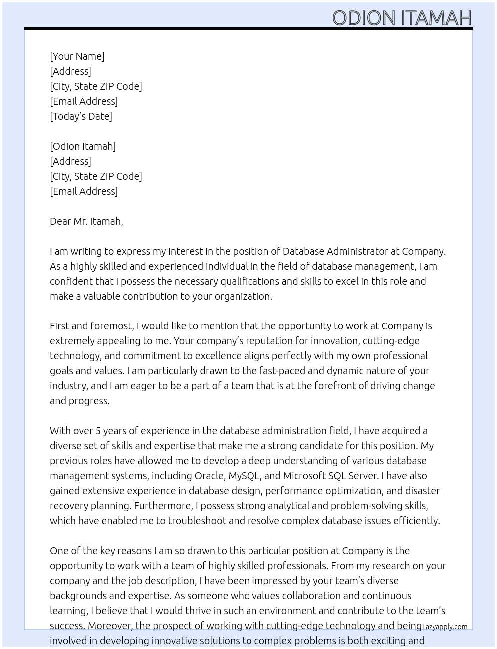 Database Administrator At Company Cover Letter