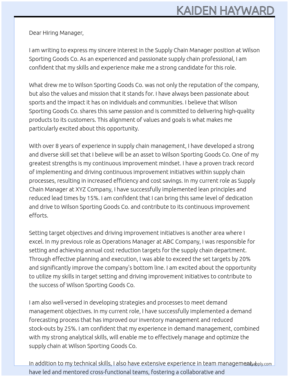 Supply Chain Manager At Wilson Sporting Goods Co. Cover Letter