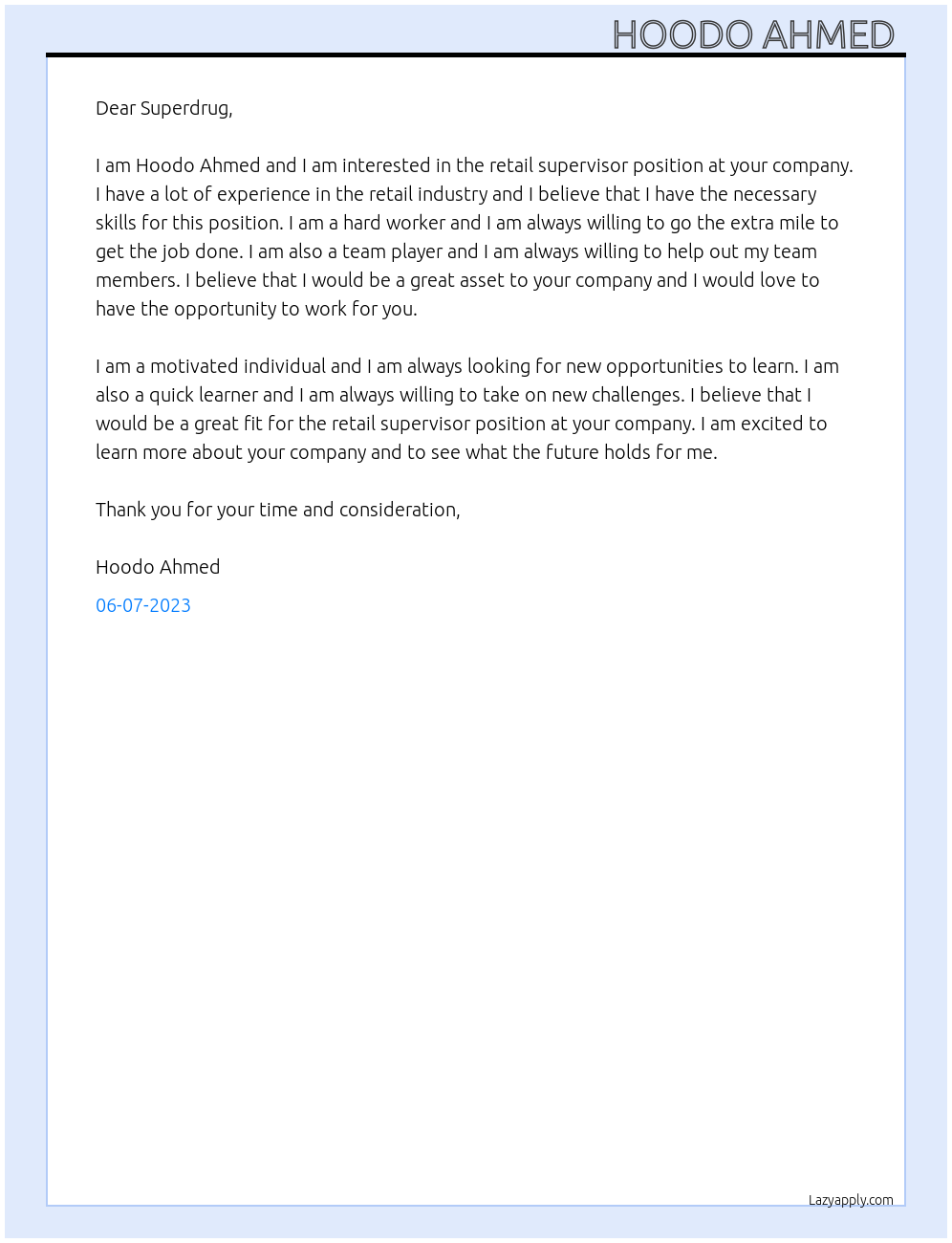 Retail supervisor At Superdrug Cover Letter