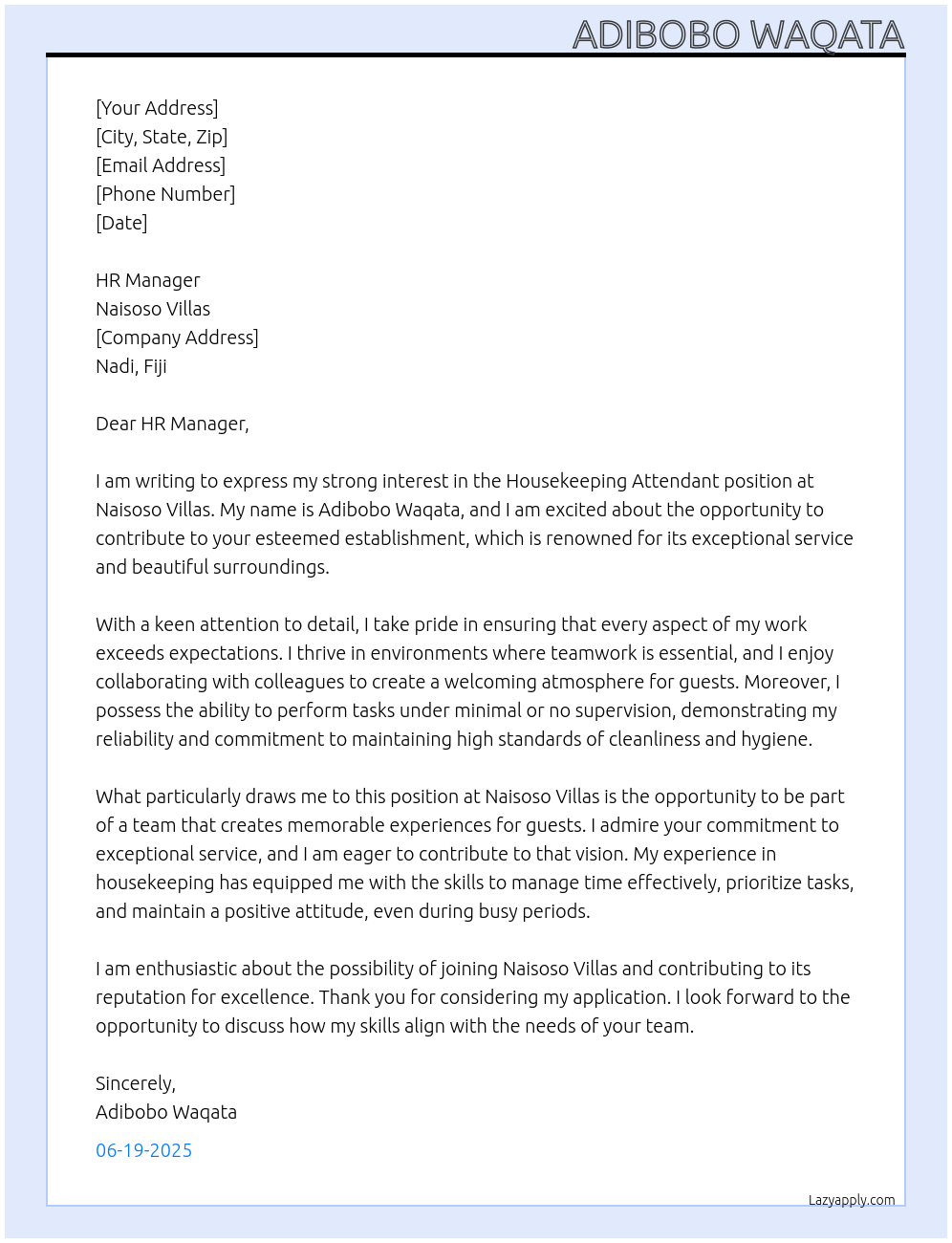 Housekeeping Attendant  At Naisoso villas Cover Letter