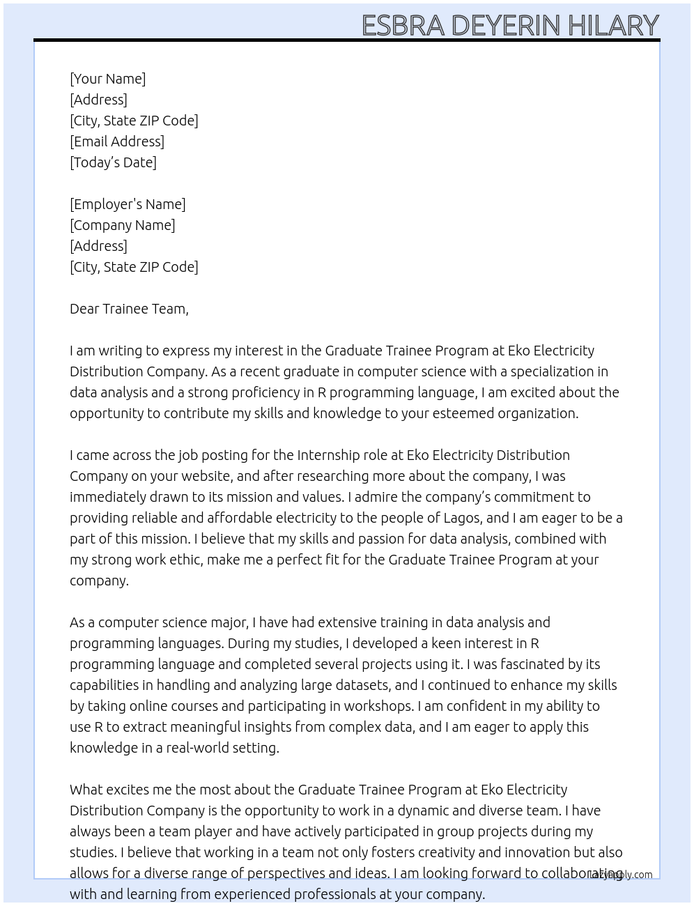 Graduate trainee program At Eko electricity distribution company Cover Letter