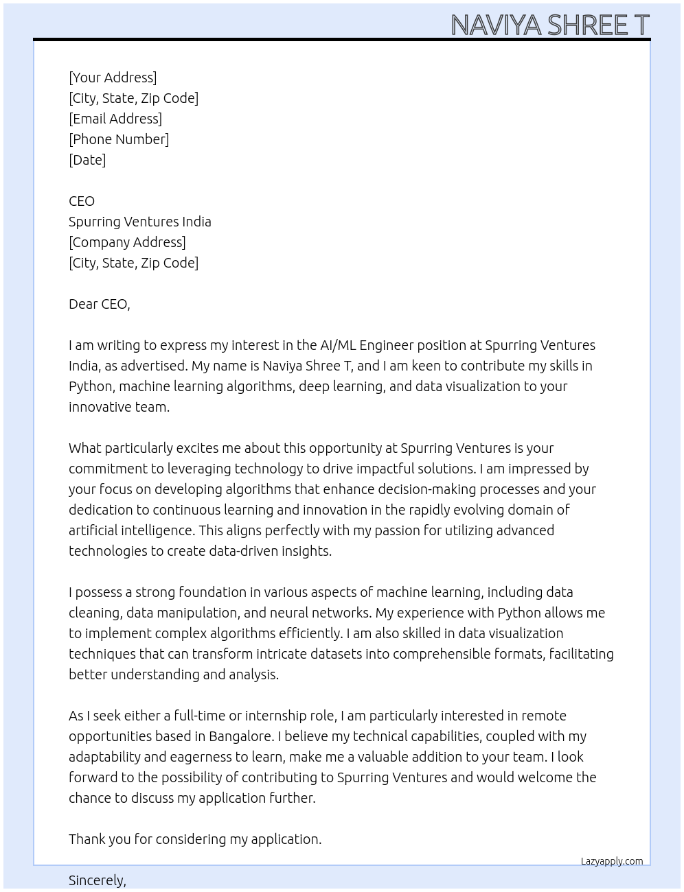 AI/ML Engineer At Spurring Ventures India Cover Letter